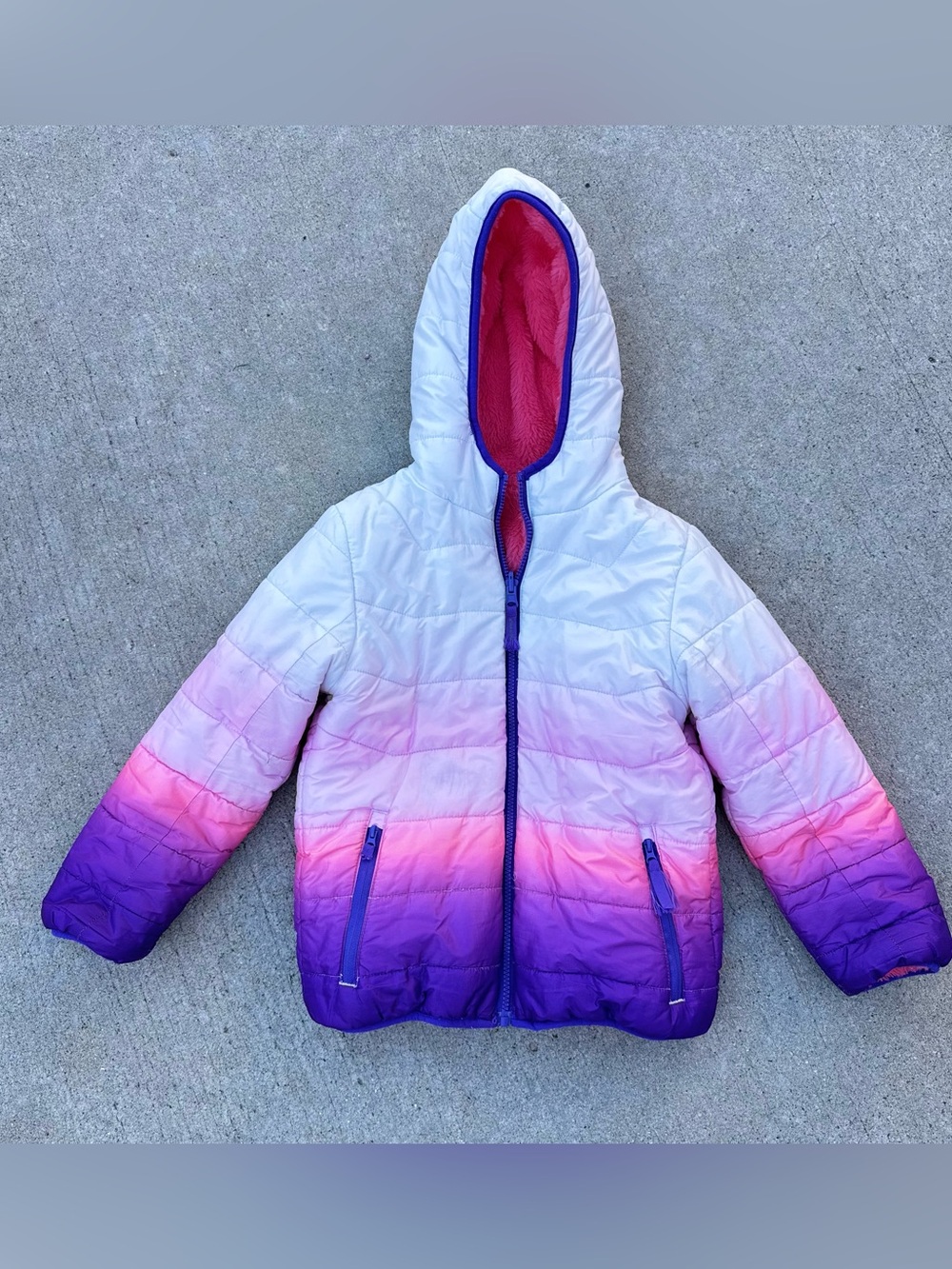 Eddie Bauer Girls S Pink Purple Ombre Hooded Puffer Jacket Full Zip Faux Fur